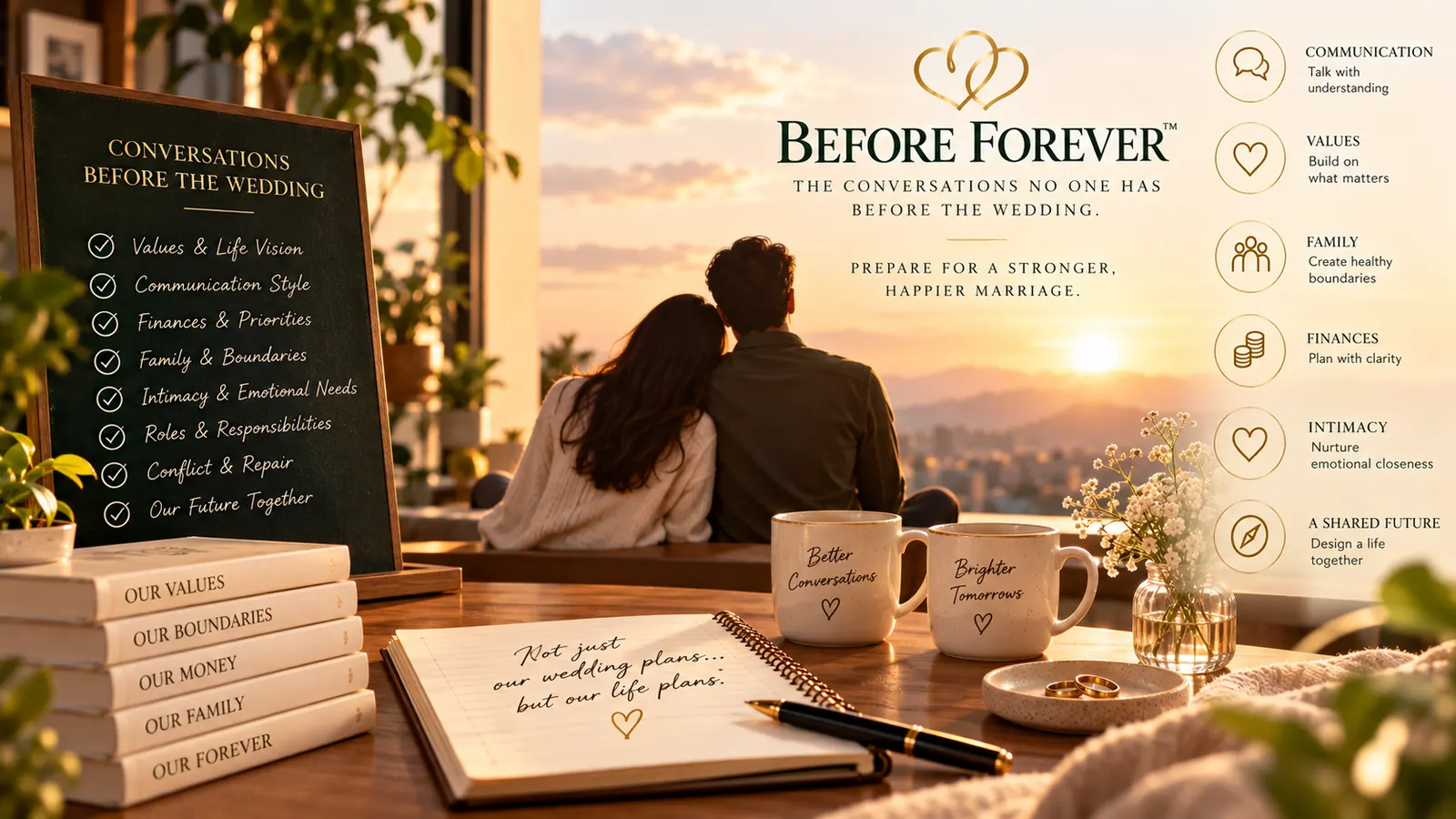 Illustrative image of a couple watching the sunset before their wedding