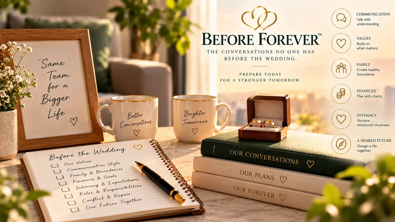 Illustrative scene of a ring box, notebook and two cups, suggesting conversations before marriage