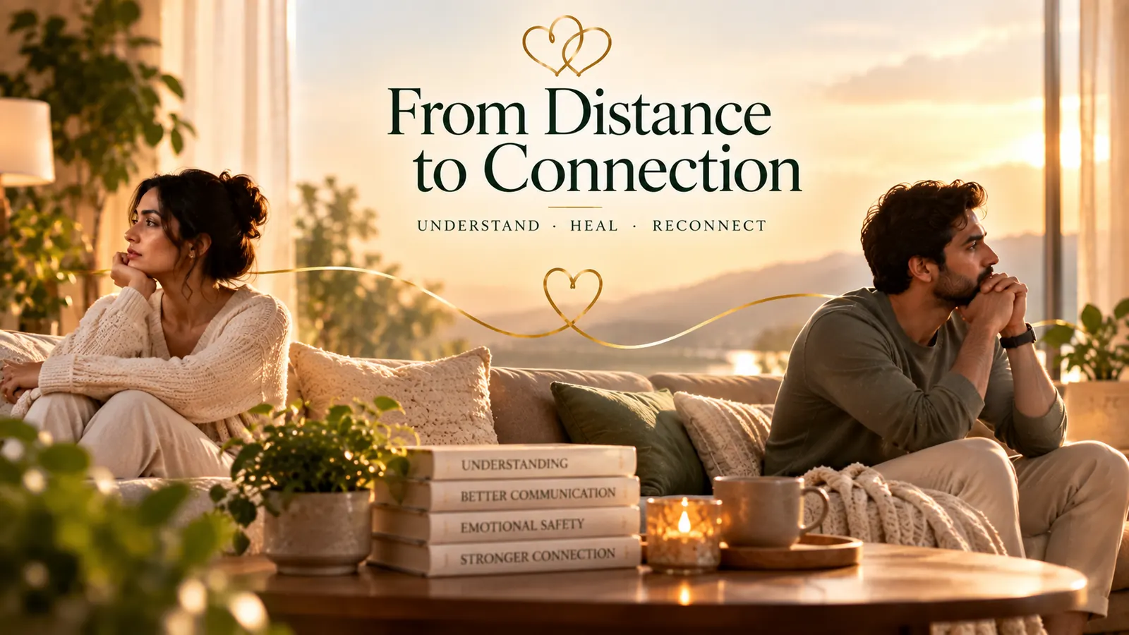 Illustrative image of a married couple sitting apart on a sofa