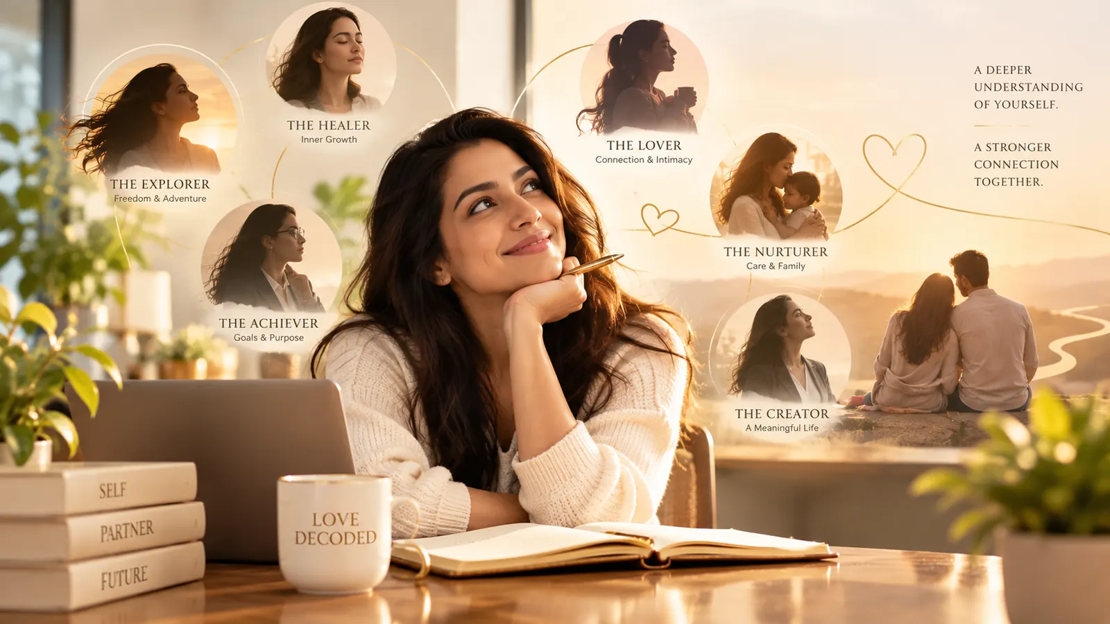 Illustrative artwork of a woman reflecting on her relationship patterns