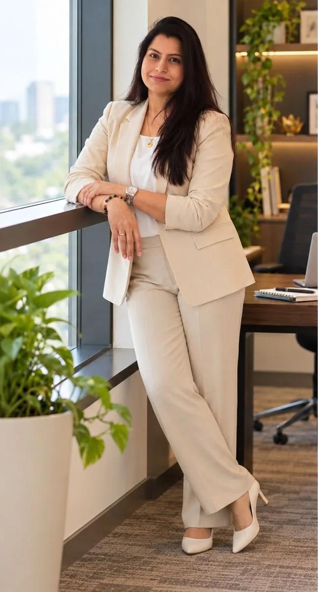 Mahima Manish, Life and Relationship Clarity Coach, standing by a window