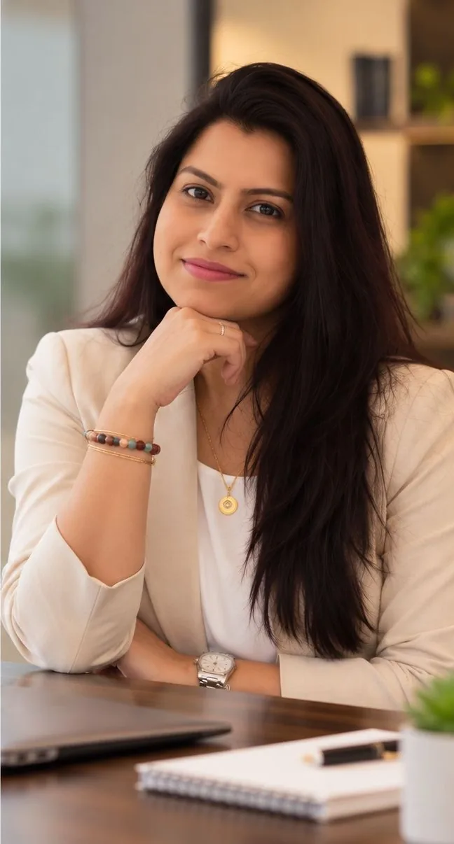 Mahima Manish in a cream blazer, in a thoughtful seated portrait