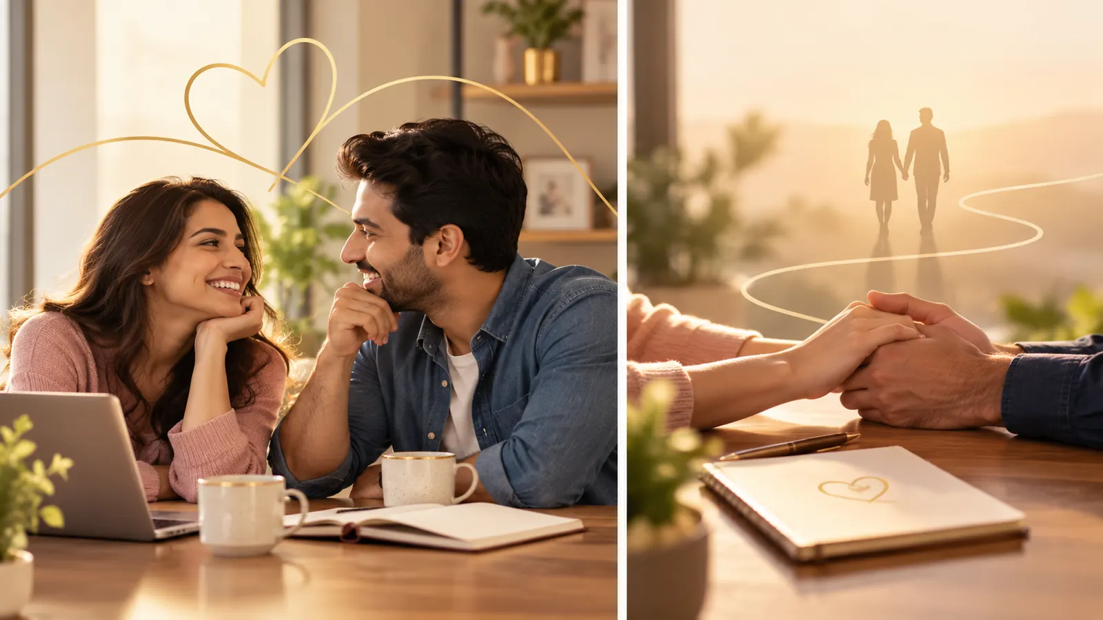 Illustrative image of a smiling couple talking together at a table