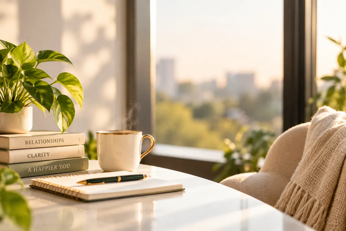 A calm, sunlit desk with a cup of tea, a notebook and books on relationships and clarity